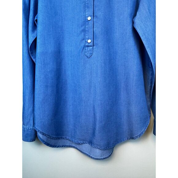 LOFT Pearl Snap Lyocell Chambray Popover Shirt Ruffle Neck, Sz S - Picture 4 of 9